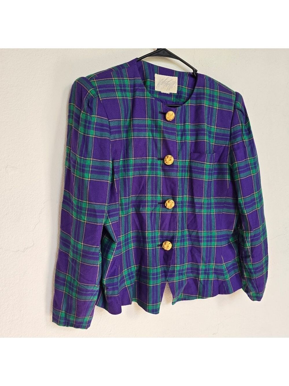 Lord & Taylor Purple Green Plaid Vintage Blazer Chunky Gold Buttons - Picture 4 of 14